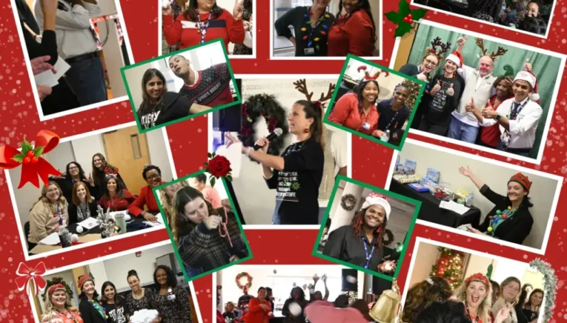 A festive collage capturing the spirit of our company's Jingle and Mingle Extravaganza! The CEO, adorned with reindeer antlers, delivers a talk amidst joyful staff members wearing Christmas sweaters and Santa hats. Surrounding images feature smiling faces, embodying the warmth and camaraderie of the event.