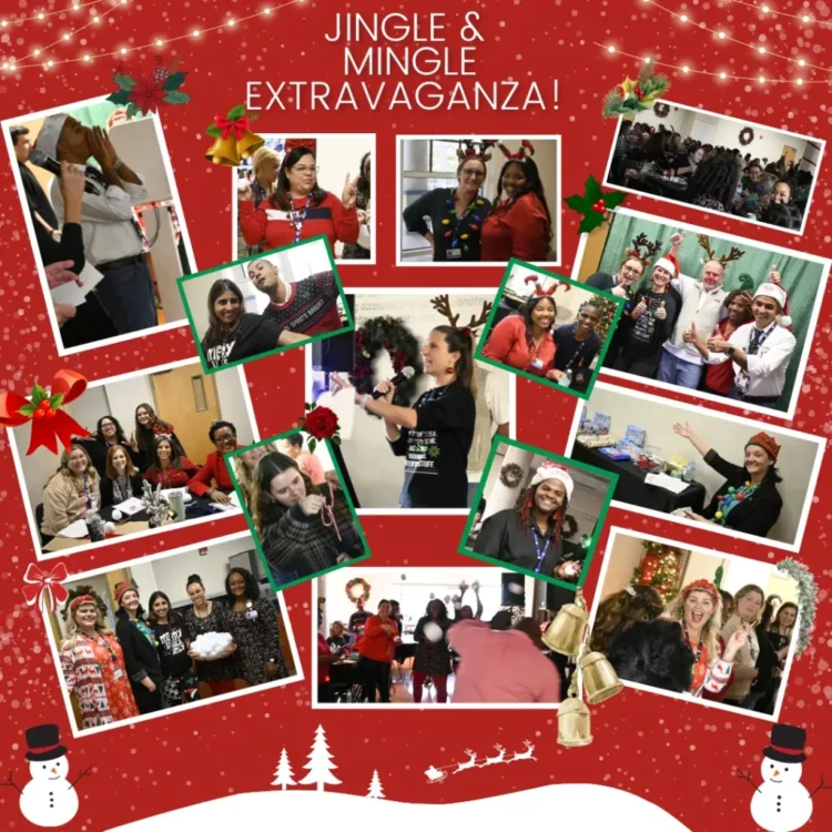 A festive collage capturing the spirit of our company's Jingle and Mingle Extravaganza! The CEO, adorned with reindeer antlers, delivers a talk amidst joyful staff members wearing Christmas sweaters and Santa hats. Surrounding images feature smiling faces, embodying the warmth and camaraderie of the event.